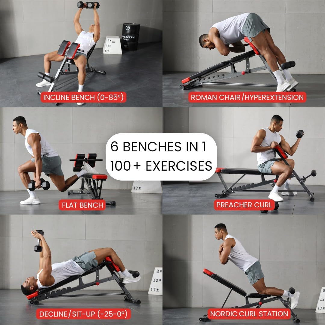 Multi-Functional FID Weight Bench for Full All-In-One Body Workout โ Hyper Back Extension, Roman Chair, Adjustable Ab Sit up Bench, Incline Decline Bench, Flat Bench