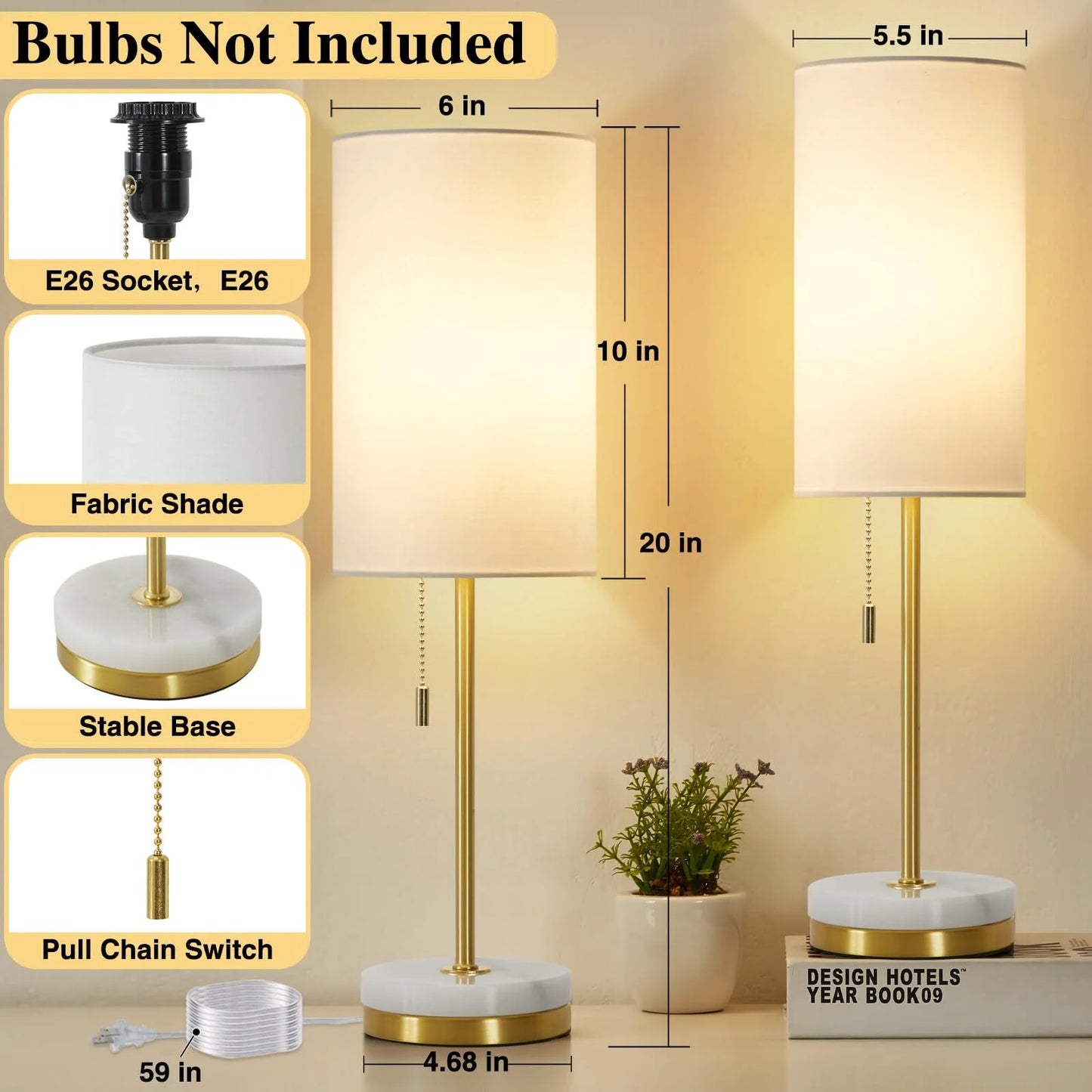 Minimalist Table Lamp Set of 2, Nightstand Lamp for Bedroom Living Room, Modern Pull Chain Bedside Lamp with Marble Base, Fabric Shade, Small Desk Lamp for Home, Office, Reading