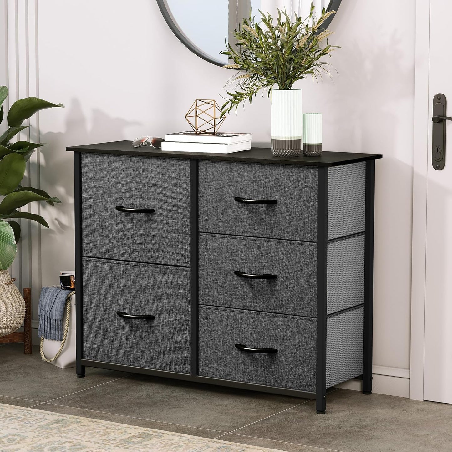Dresser for Bedroom with 5 Drawers, Wide Bedroom Fabric Dresser with Storage Bins, Clothes Cabinet for Bedroom, Living Room, Hallway, Black Grey