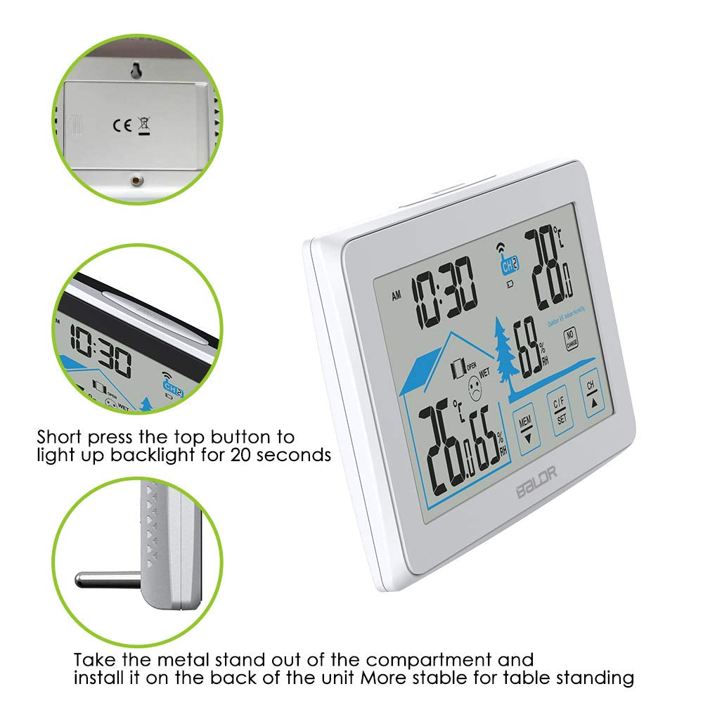 Wireless Indoor/Outdoor Thermometer & Hygrometer - Touch Screen Digital Weather Station with Room Temperature Monitor & Humidity Gauge Meter, Extended Backlit Display for Easy Viewing