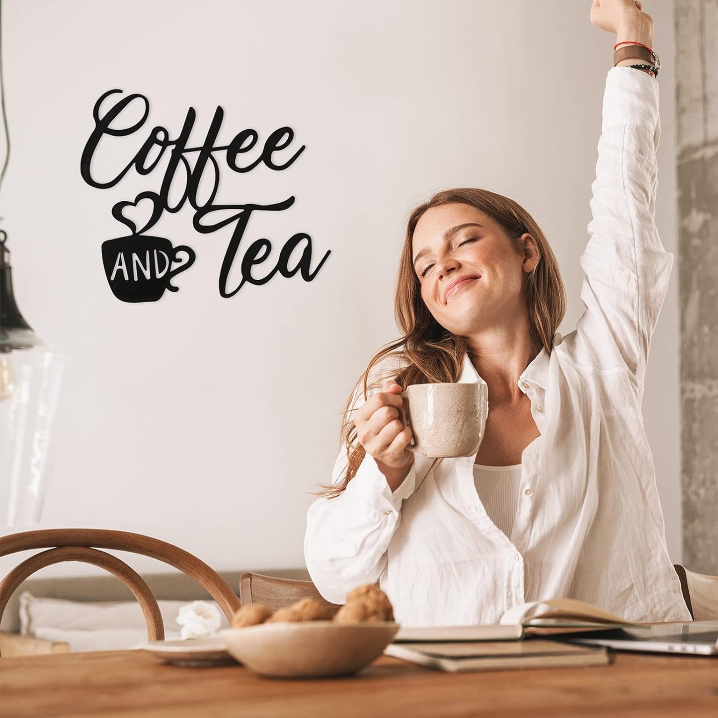 Coffee Sign Metal Hanging Wall Art 12 X 10.2 Inch Black Wall Decor Cafe Bar Letter Sign for Cafe Farmhouse Kitchen(Coffee and Tea)