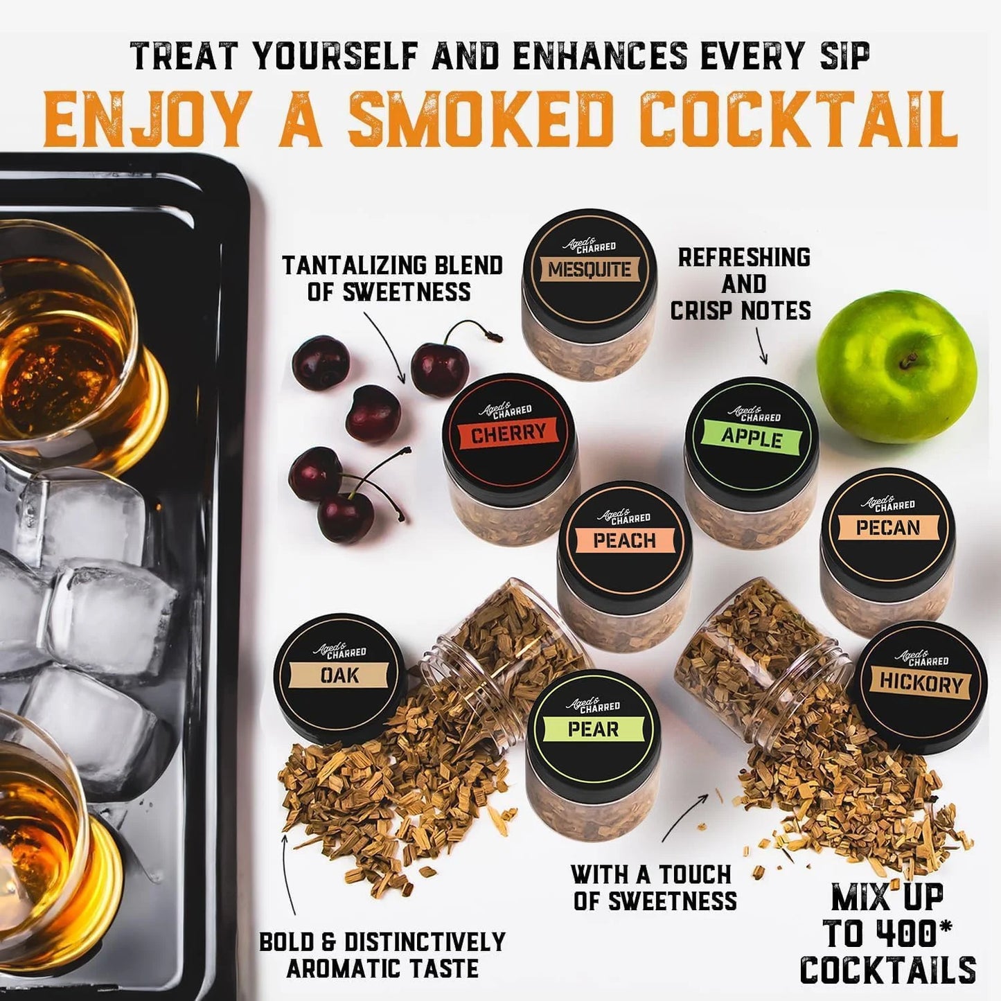 Whiskey Cocktail Smoker Kit with Torch & 8 Flavors Wood Chips - Premium USA Oak Smoker - Old Fashioned Smoker Kit - Bourbon Gifts for Men (With Butane)