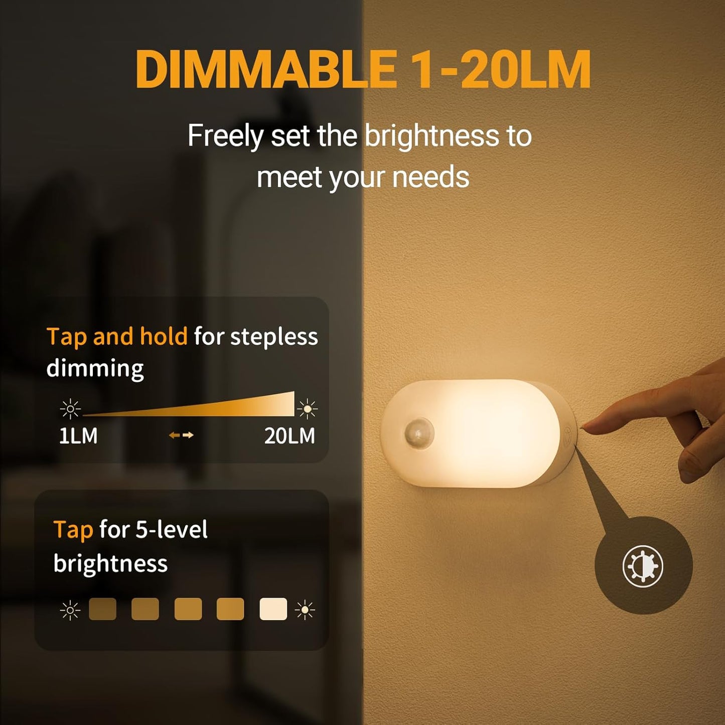 Rechargeable Battery Night Light with Motion Sensor, Portable Mini Warm White LED Stick-On Closet Light, Adjustable Brightness for Bathroom, Bedroom, Kitchen, Cabinet, Stairs, Hallway, 2-Pack