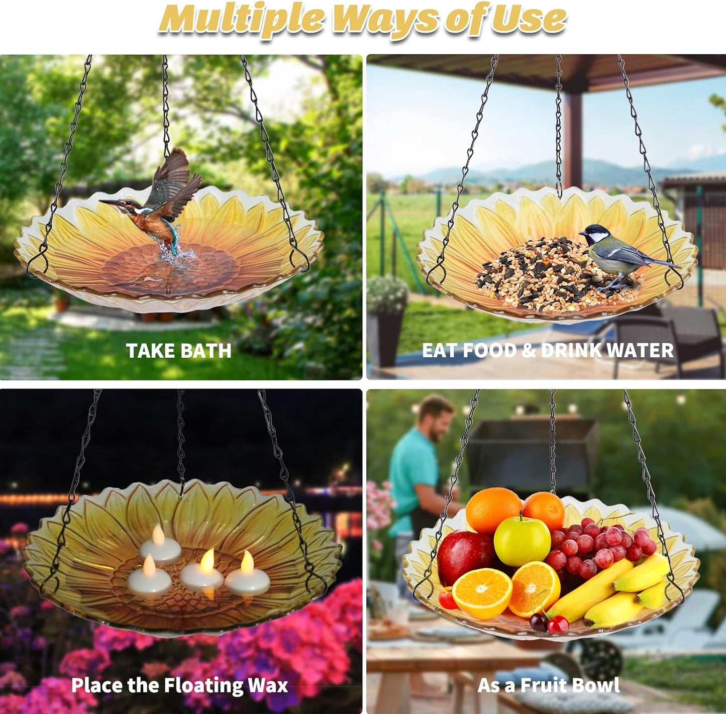 Sunflower 11-Inch Hanging Glass Bird Bath & Feeder for Garden Decoration (Hummingbird)