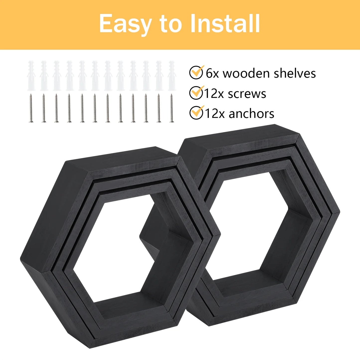Black Hexagon Floating Shelves, Set of 6