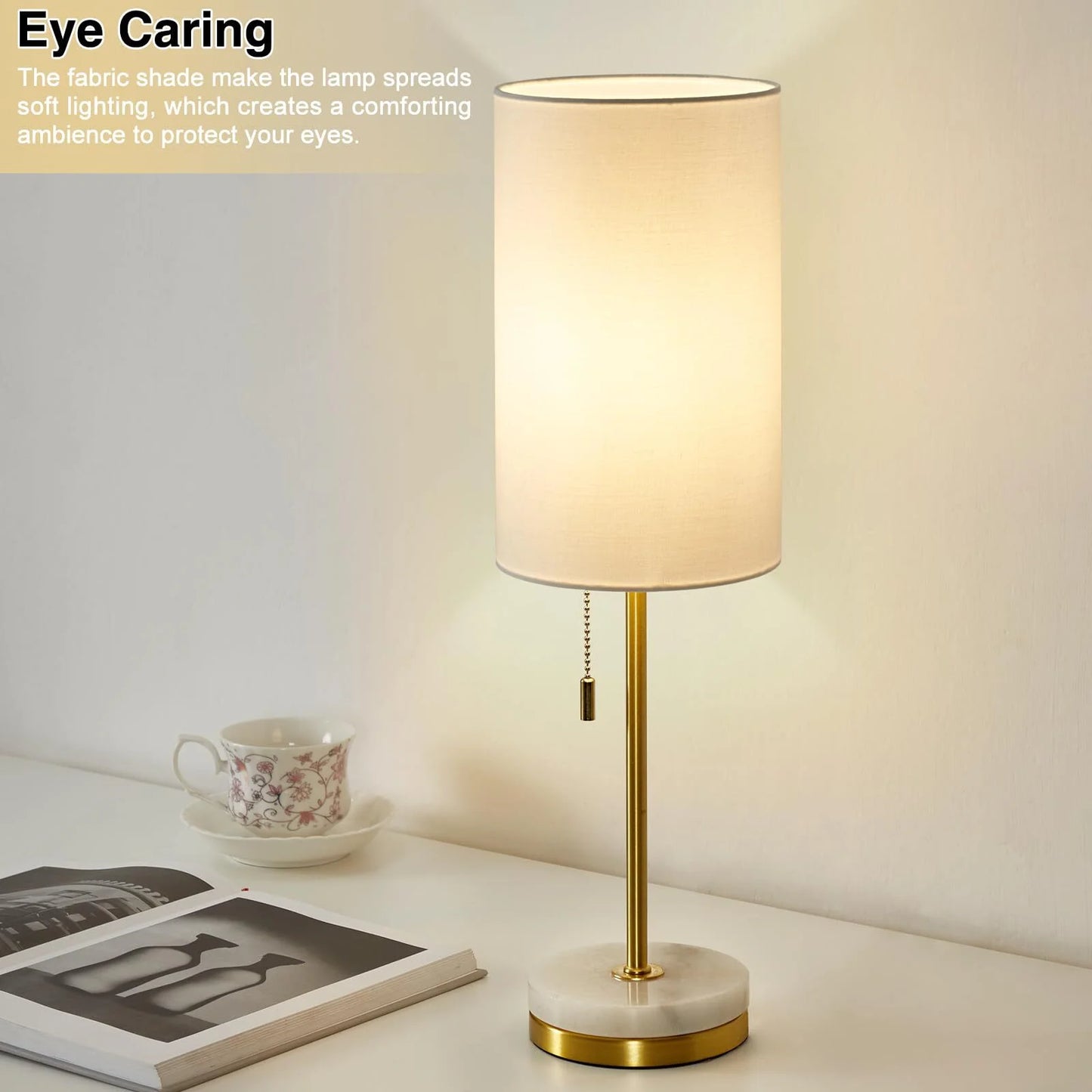 Minimalist Table Lamp Set of 2, Nightstand Lamp for Bedroom Living Room, Modern Pull Chain Bedside Lamp with Marble Base, Fabric Shade, Small Desk Lamp for Home, Office, Reading