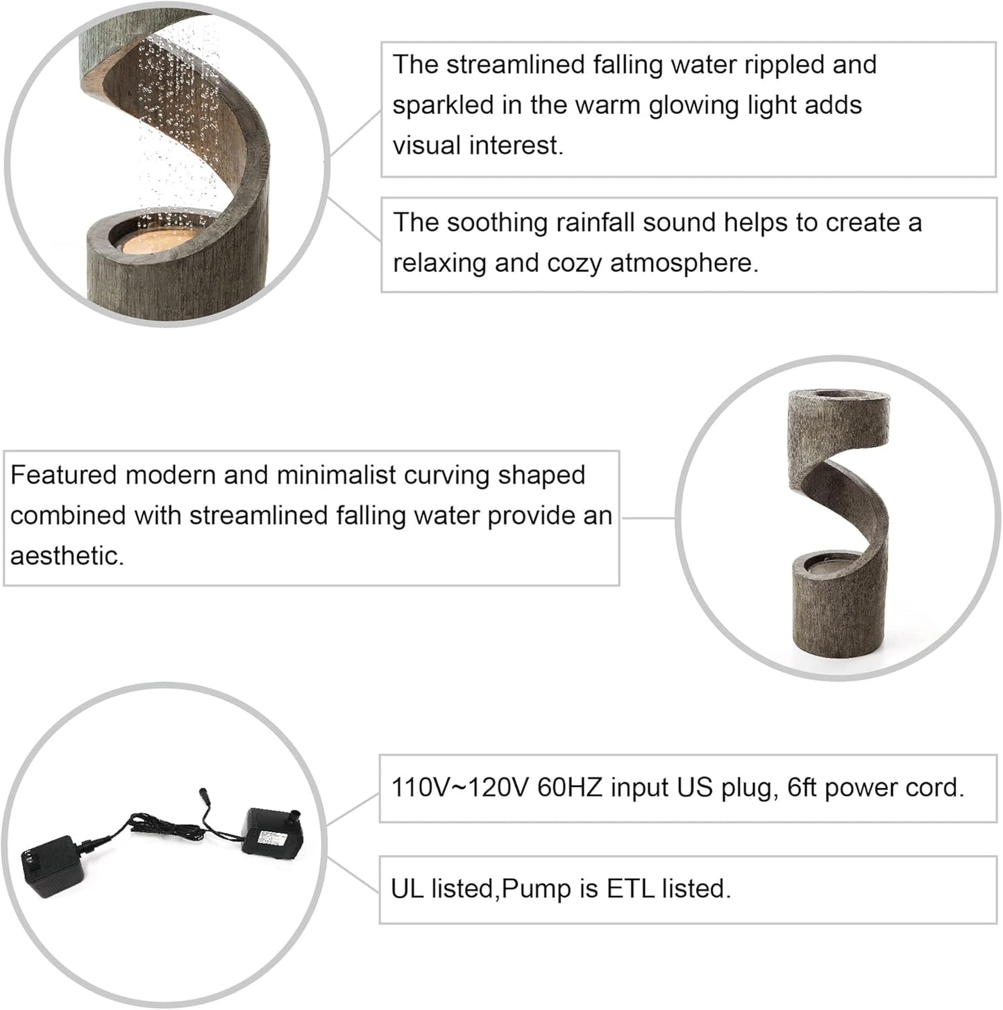 Tiered Outdoor Water Fountain with LED Light, Curved Outdoor Fountain Waterfall with Stone Planter, Freestanding Spiral Outdoor Garden Water Fountains, 31.3”H