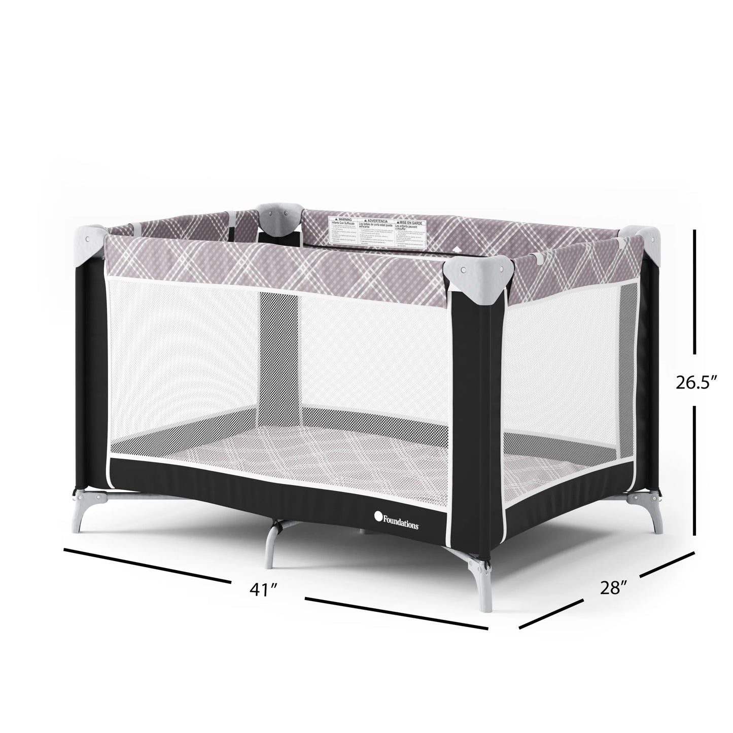 Sleep 'N Store Baby Play Yard, Foldable with Bassinet & Mattress, Mod Plaid Gray