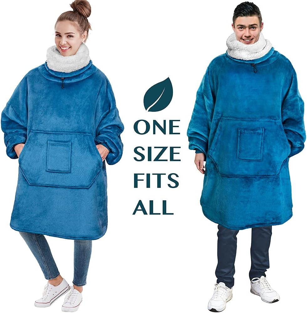 Sherpa Wearable Blanket Hoodie Women Men, Oversized Hoodie Sweatshirt Blanket, Thick Sweater Blanket Neck Warmer, Fleece Hood Hug Sleep Pod Adult, Cozy Warm Plush Gift Idea Mom Wife, Teal Blue
