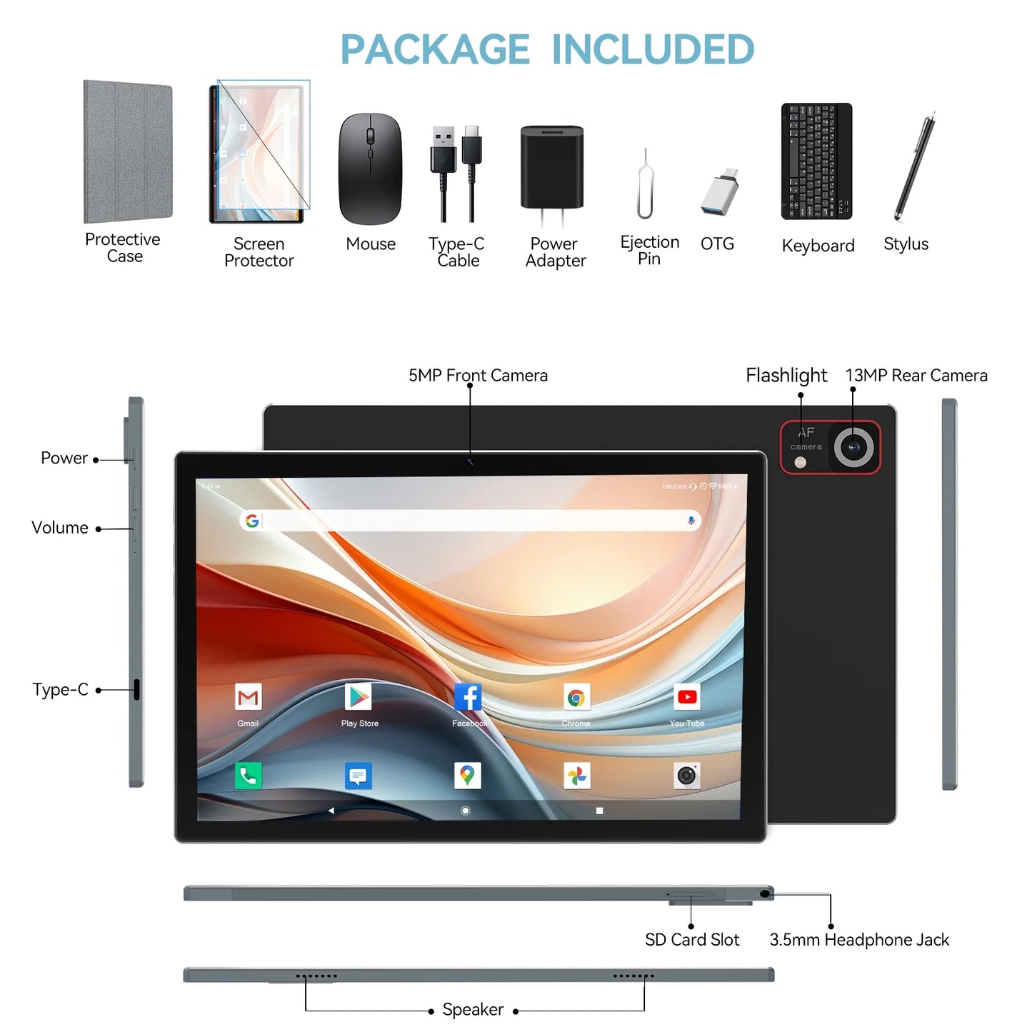 Android 14 Tablet,10 Inch Android Tablet,128Gb+8Gb+1Tb Expand,5G Wifi,Octa-Core,Unisoc T606 Cpu,7000Mah,Bluetooth 5.0,GPS,13MP+8MP Dual Camera,Face Unclock,Hd Display,Touchscreen,Tablet with Keyboard