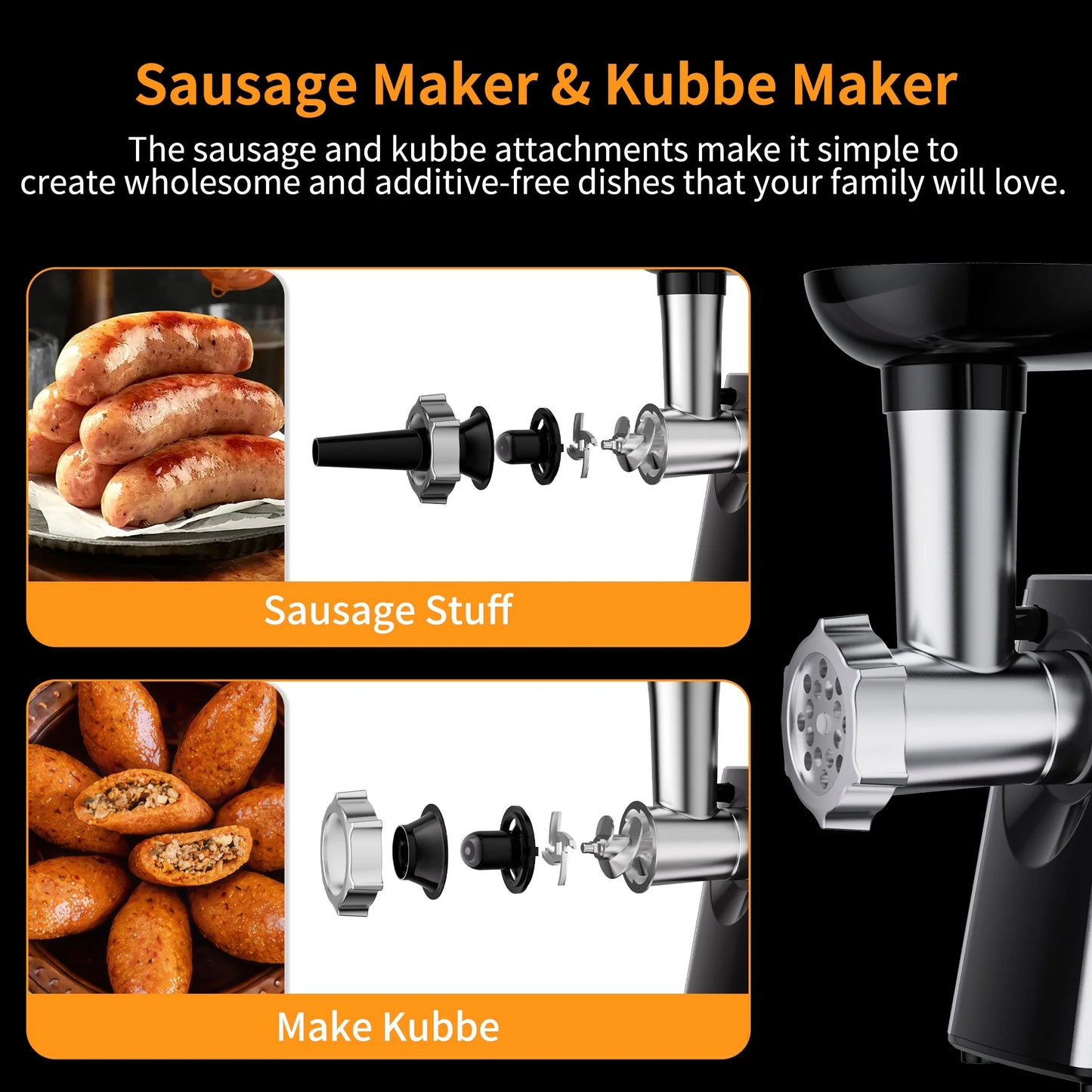 2800W Heavy Duty Electric Meat Grinder with Sausage Stuffer & Kubbe Kit, Stainless Steel Minced Meat Machine with Blade & 3 Grinding Plates, Sausage Maker for Home Kitchen Use