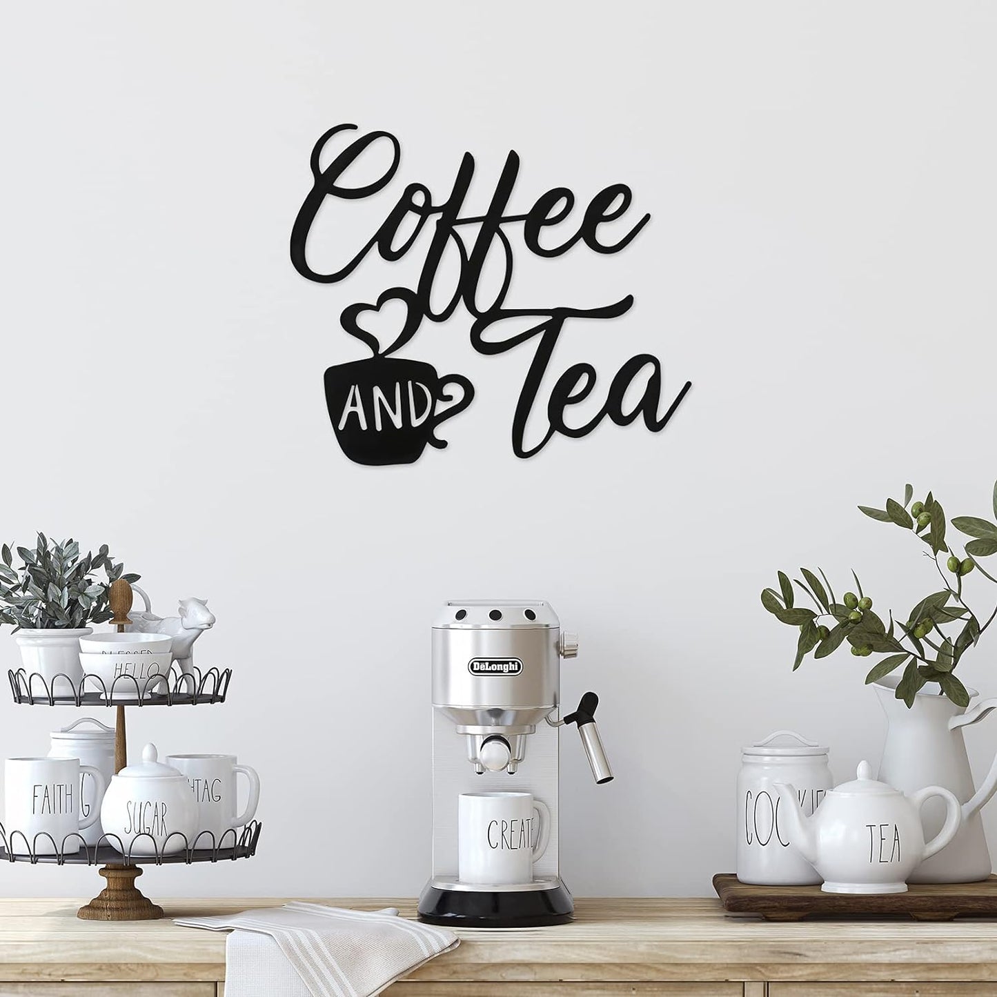 Coffee Sign Metal Hanging Wall Art 12 X 10.2 Inch Black Wall Decor Cafe Bar Letter Sign for Cafe Farmhouse Kitchen(Coffee and Tea)