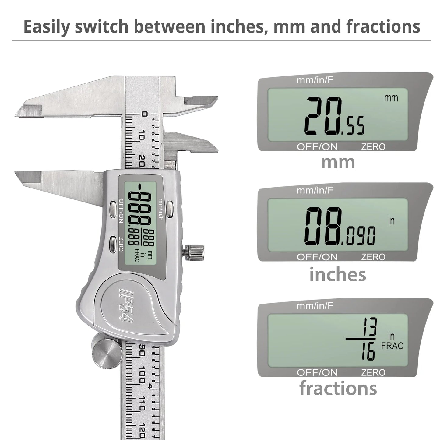 Digital Caliper 6 Inch Electronic Caliper Stainless Steel Measuring Tool Precision Vernier Caliper with Large LCD Screen, Metric/Inch/Fraction Conversion