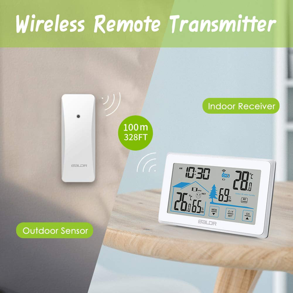 Wireless Indoor/Outdoor Thermometer & Hygrometer - Touch Screen Digital Weather Station with Room Temperature Monitor & Humidity Gauge Meter, Extended Backlit Display for Easy Viewing