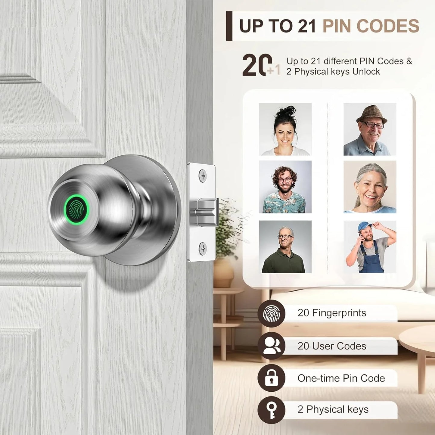 Smart Door Lock, Fingerprint Door Lock Knob with App Control, Suitable for Home, Cloakroom, Offices, Hotels (K10)