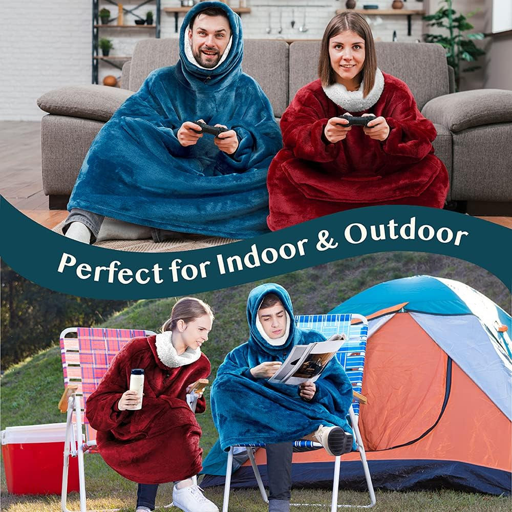 Sherpa Wearable Blanket Hoodie Women Men, Oversized Hoodie Sweatshirt Blanket, Thick Sweater Blanket Neck Warmer, Fleece Hood Hug Sleep Pod Adult, Cozy Warm Plush Gift Idea Mom Wife, Teal Blue
