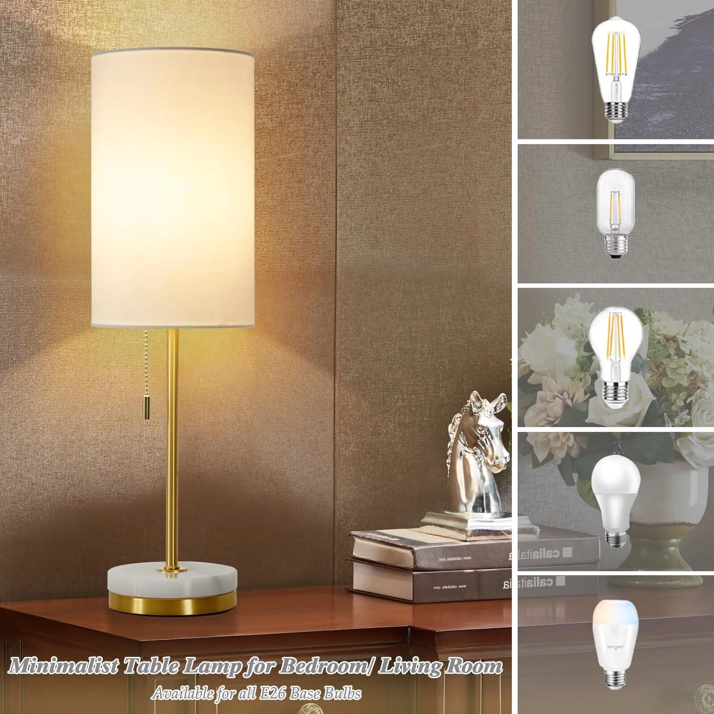 Minimalist Table Lamp Set of 2, Nightstand Lamp for Bedroom Living Room, Modern Pull Chain Bedside Lamp with Marble Base, Fabric Shade, Small Desk Lamp for Home, Office, Reading