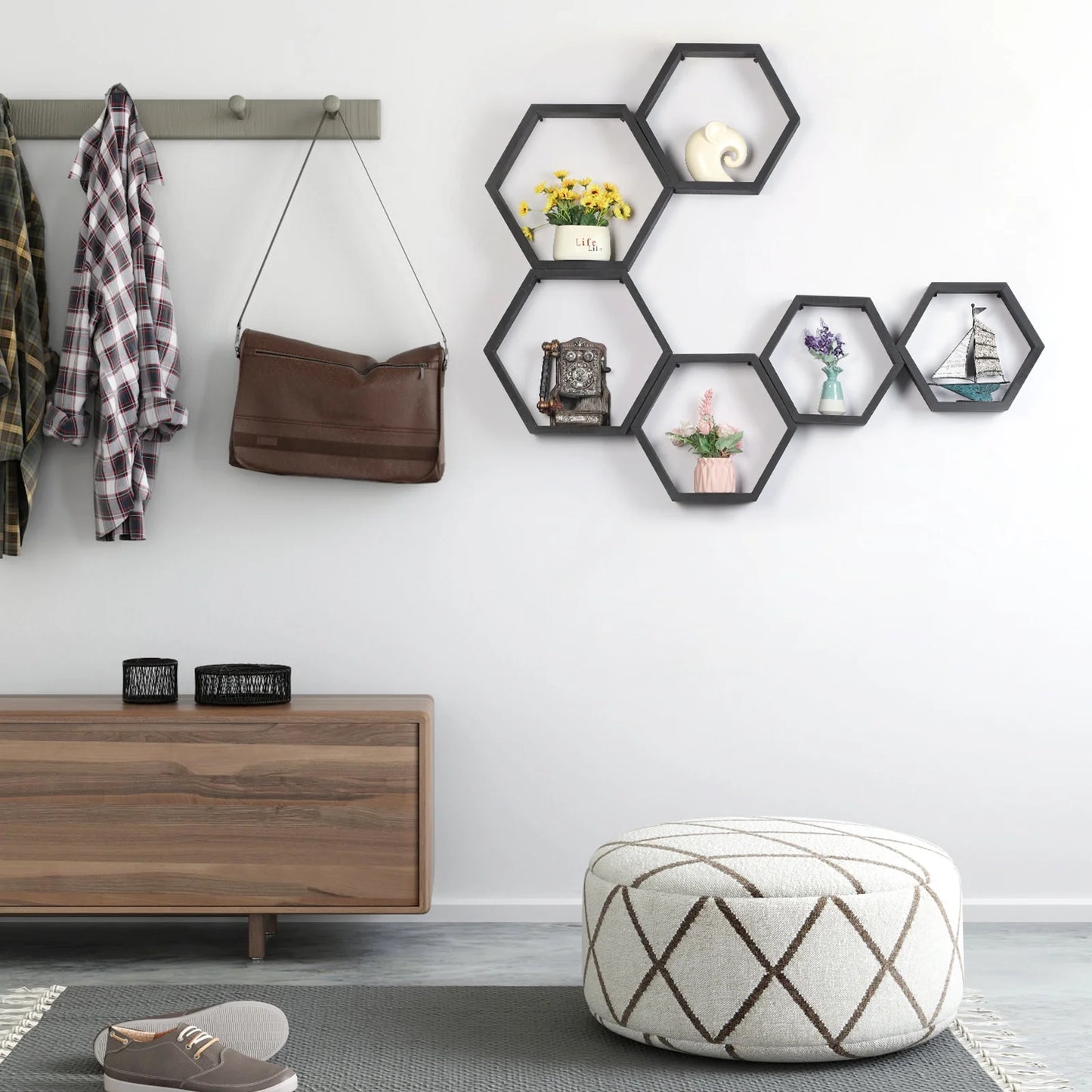 Black Hexagon Floating Shelves, Set of 6