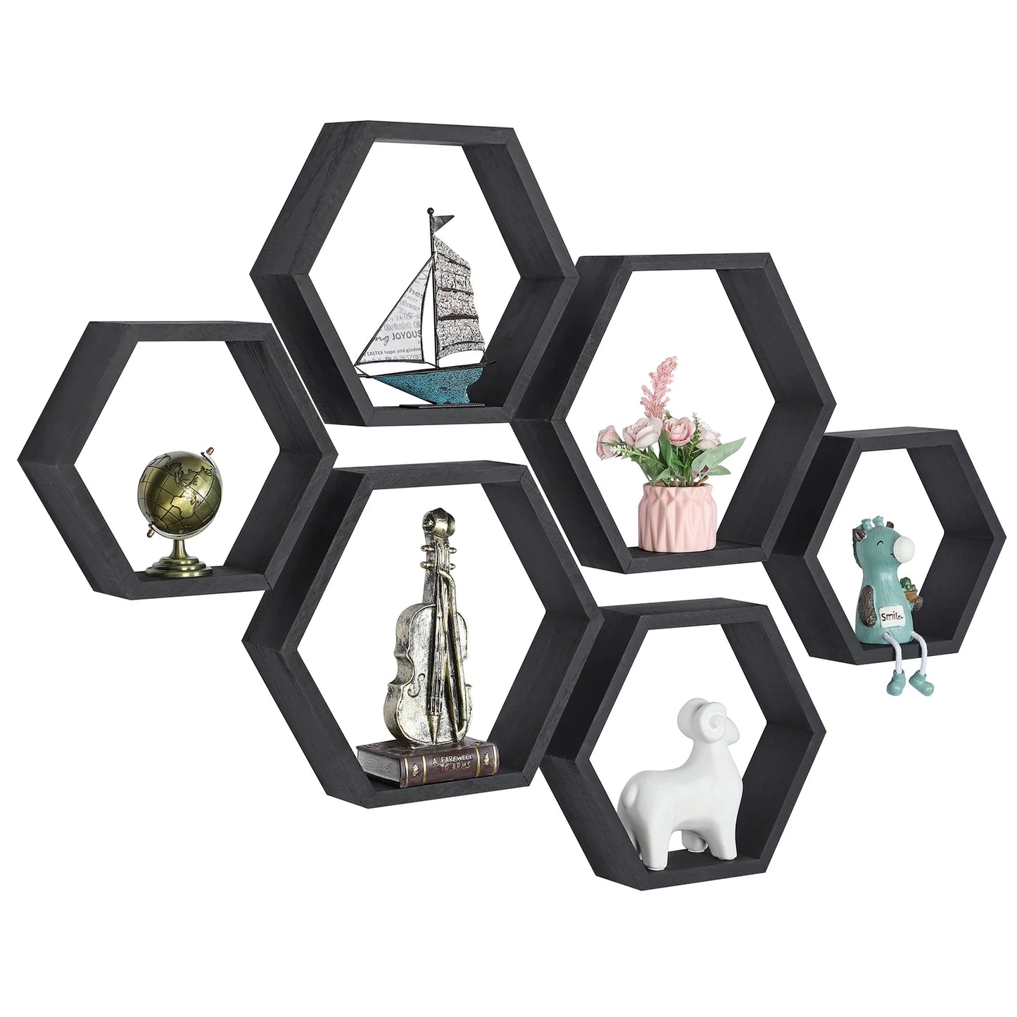 Black Hexagon Floating Shelves, Set of 6