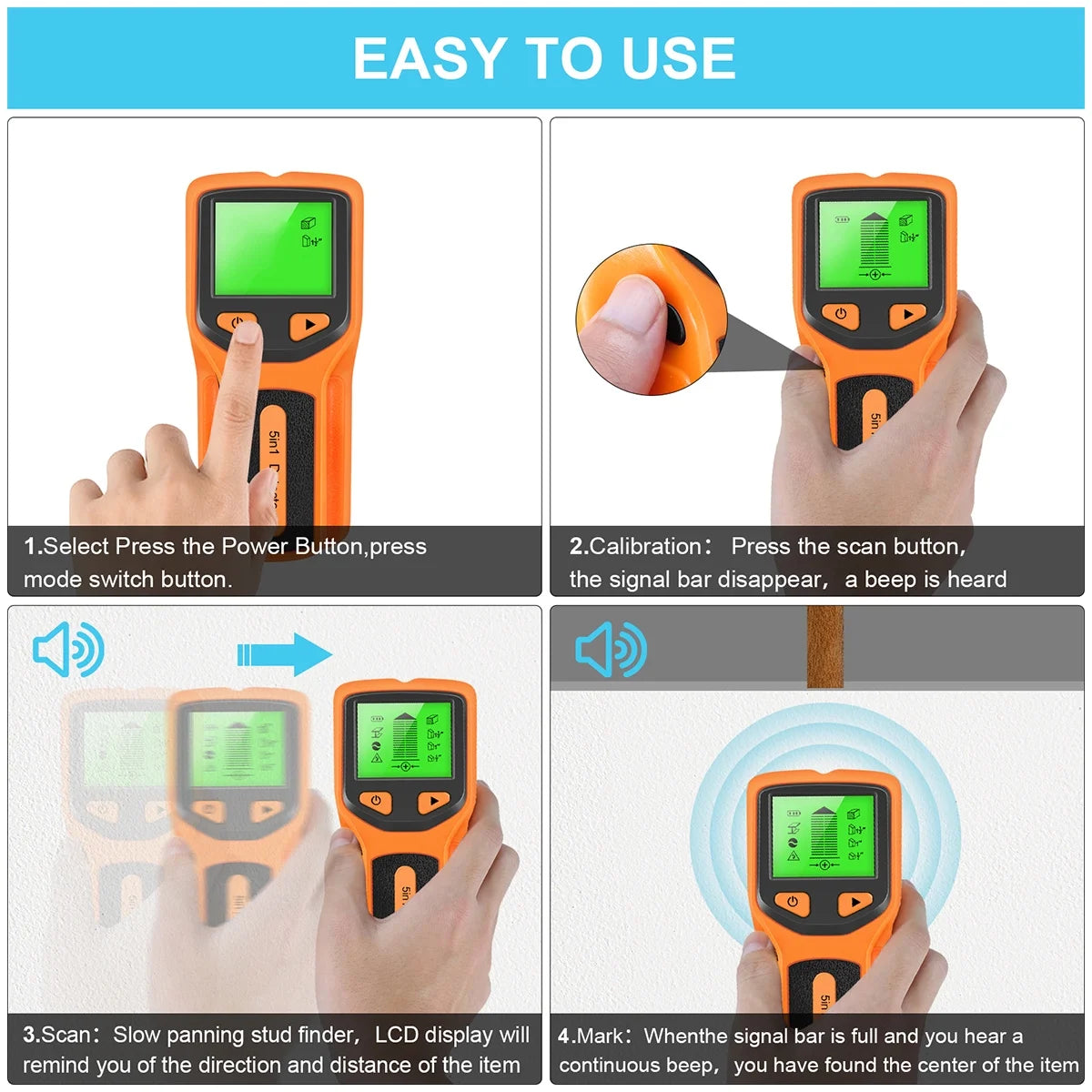 5 in 1 Electric Multifunctional Wall Scanner with Digital LCD Display & Sound Warning for Wood, Metal, Studs, Live AC Wires Magnetic Stud Sensor