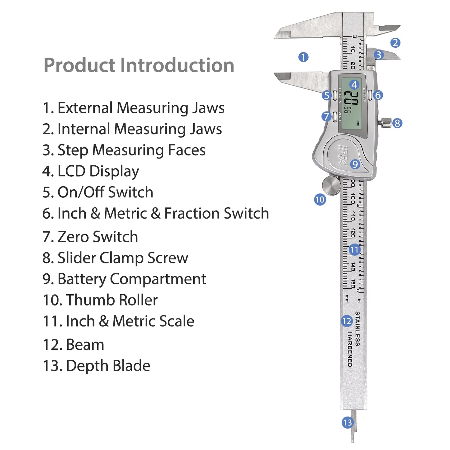 Digital Caliper 6 Inch Electronic Caliper Stainless Steel Measuring Tool Precision Vernier Caliper with Large LCD Screen, Metric/Inch/Fraction Conversion
