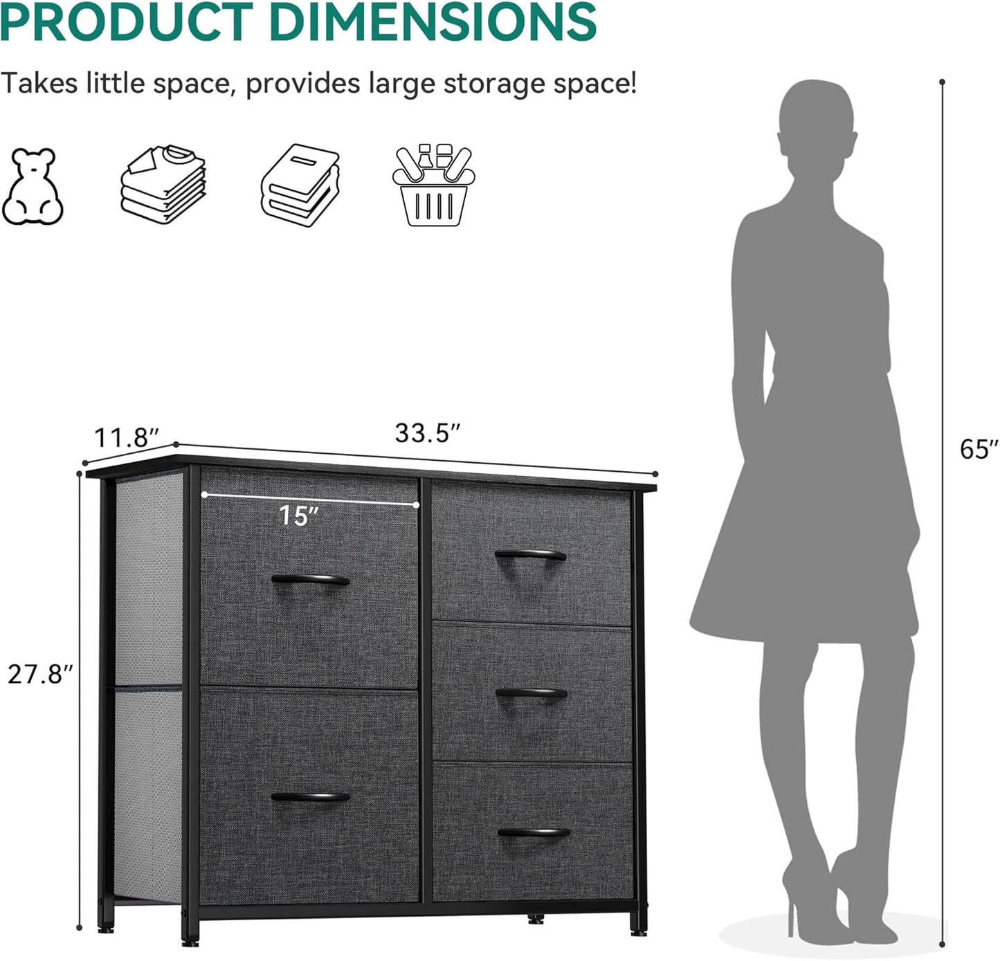 Dresser for Bedroom with 5 Drawers, Wide Bedroom Fabric Dresser with Storage Bins, Clothes Cabinet for Bedroom, Living Room, Hallway, Black Grey