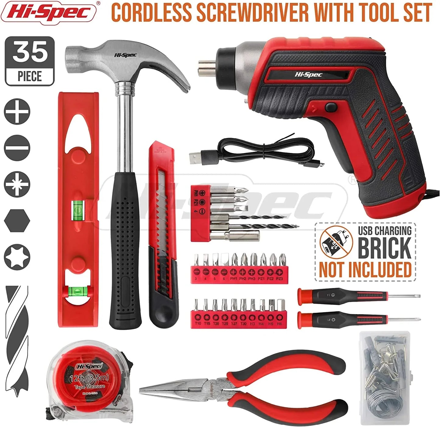 35Pc Red 3.6V Cordless Electric Power Screwdriver and Home Tool Kit Set. USB Rechargeable
