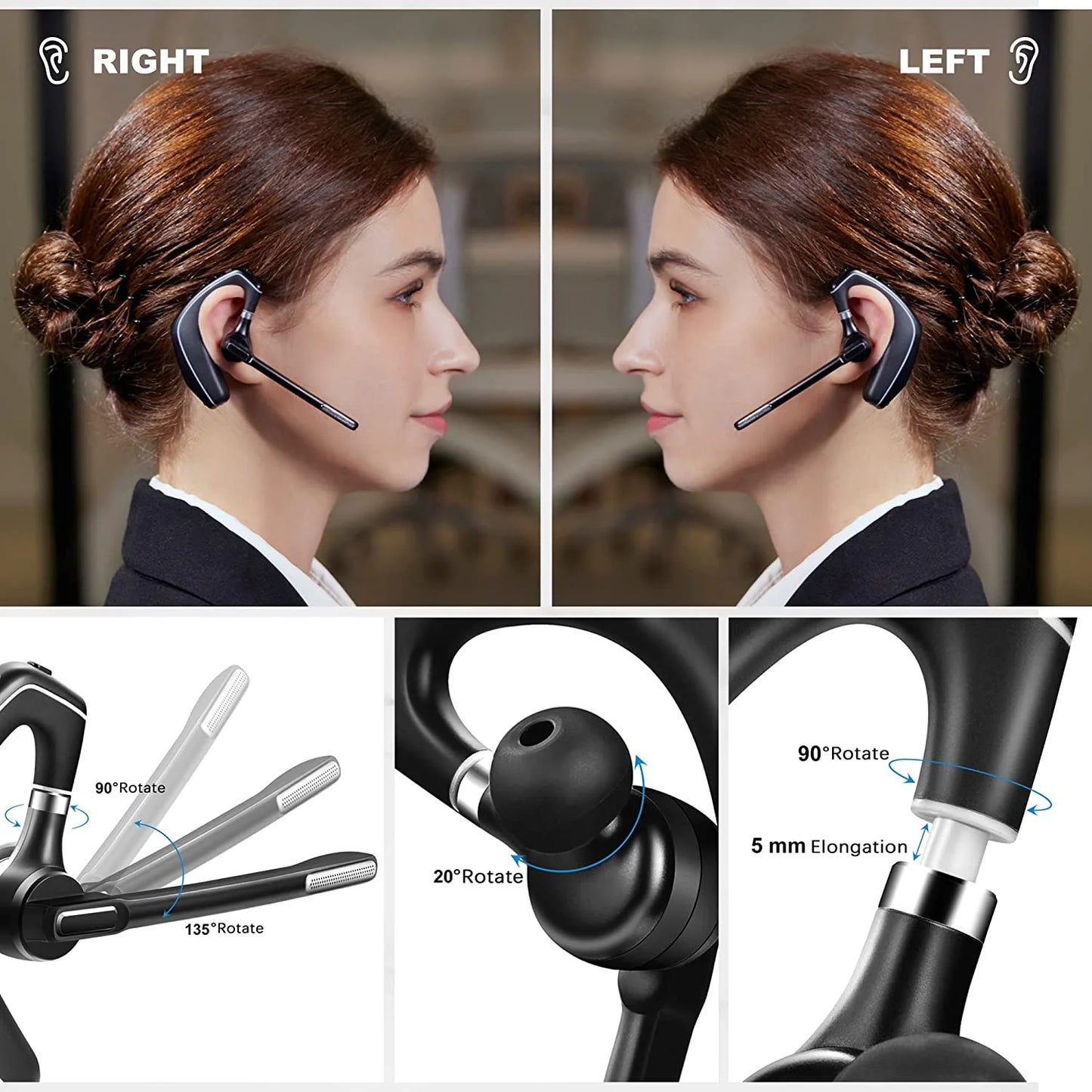 Bluetooth Headset V5.1, Wireless Headset with 500Mah Charging Case, Noise Canceling Mic for Driving and Office. (USB-A Adapter Included)