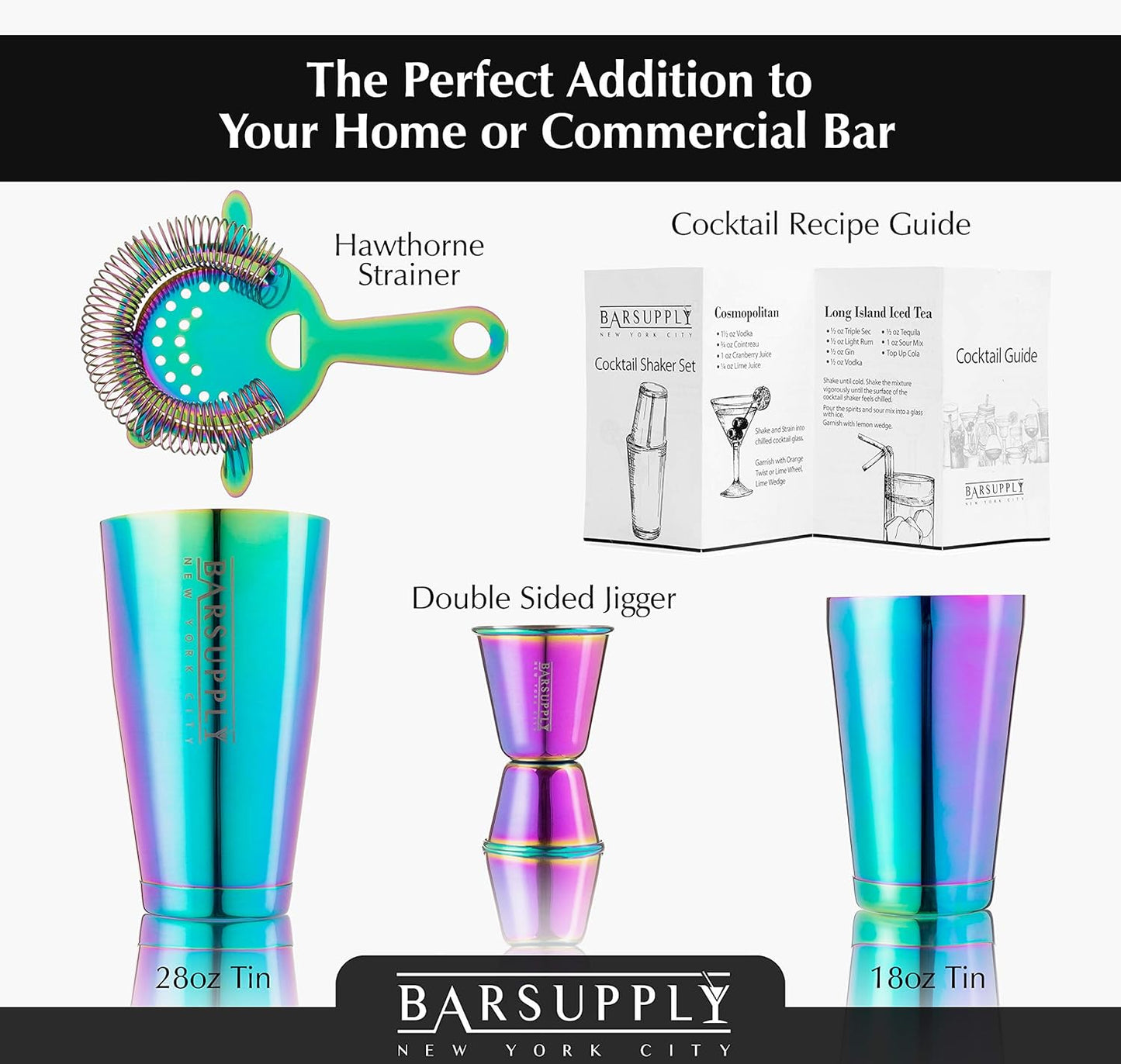 Professional Boston Cocktail Shaker Set | 4-Piece Bar Set | Stainless Steel 304 | 28Oz/18Oz Weighted Shaker Tins | Hawthorne Strainer | Double Sided Jigger | Recipe Booklet | Bartender Kit