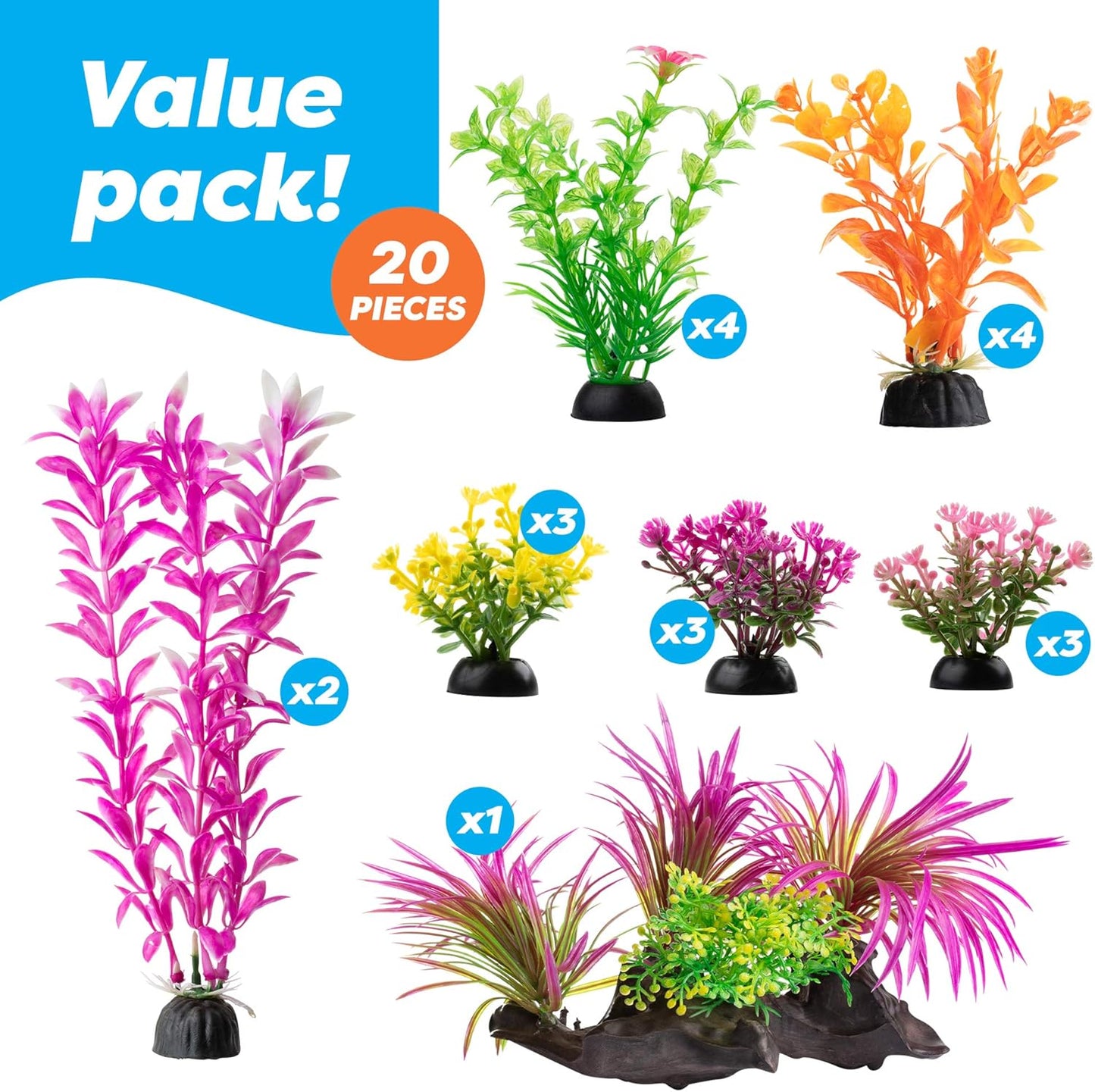 Aquarium Decorations 20 or 23 Pack Lifelike Plastic Decor Fish Tank Plants, Small to Large (20 Pack)