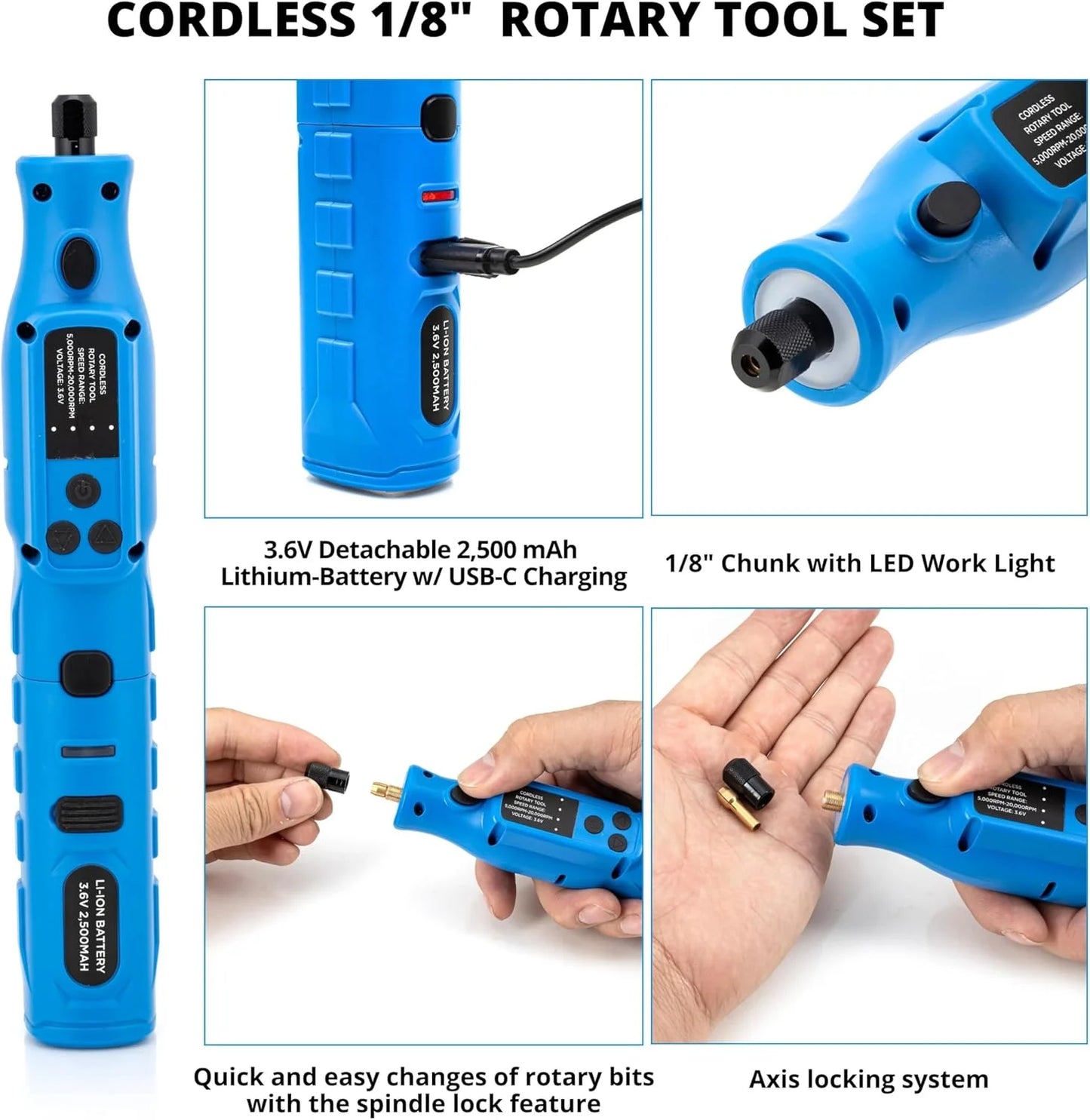 10581A Cordless Rotary Tool Kit, 46 Piece 3.6V Electric Engraving Pen, 1/8" Collet Rechargeable Mini Grinder, Handheld Mini Sander, 44Pc Power Rotary Tools Accessory Kit, Quick Change