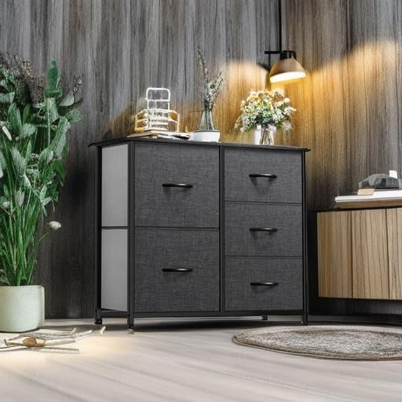 Dresser for Bedroom with 5 Drawers, Wide Bedroom Fabric Dresser with Storage Bins, Clothes Cabinet for Bedroom, Living Room, Hallway, Black Grey