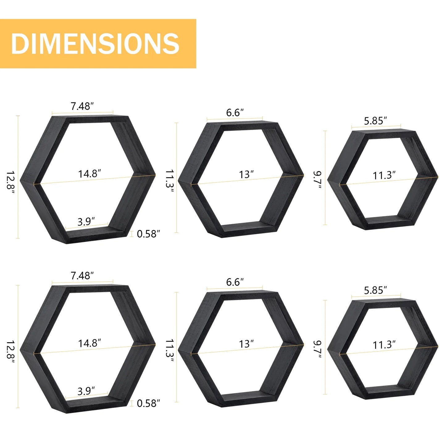 Black Hexagon Floating Shelves, Set of 6