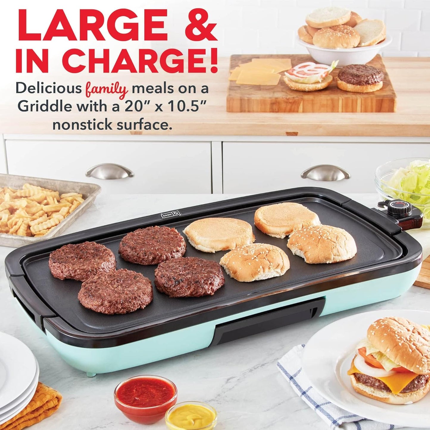 Deluxe Everyday Electric Griddle with Dishwasher Safe Removable Nonstick Cooking Plate for Pancakes, Burgers, Eggs and More, Includes Drip Tray + Recipe Book, 20β X 10.5β, 1500-Watt - Aqua