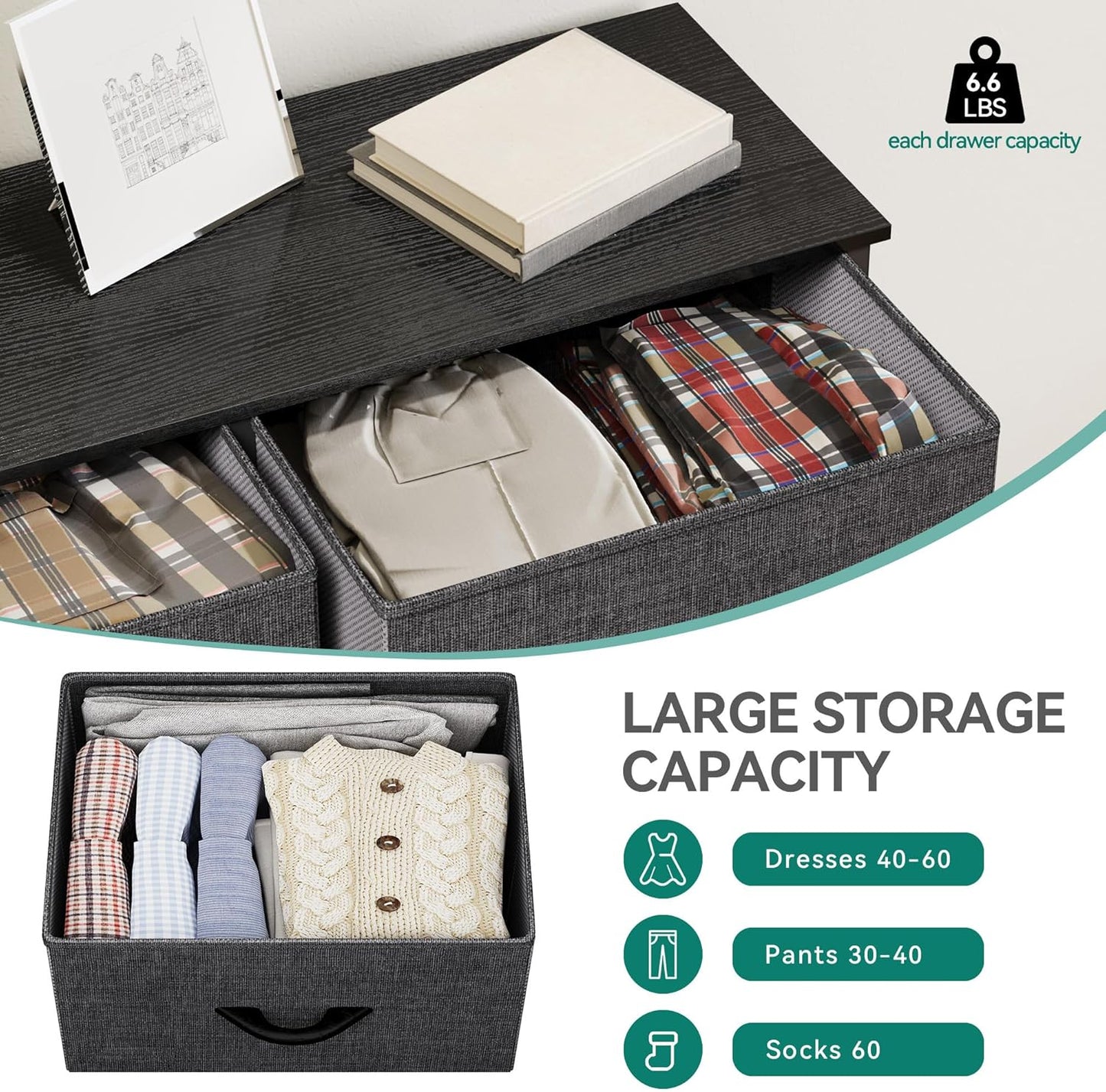 Dresser for Bedroom with 5 Drawers, Wide Bedroom Fabric Dresser with Storage Bins, Clothes Cabinet for Bedroom, Living Room, Hallway, Black Grey