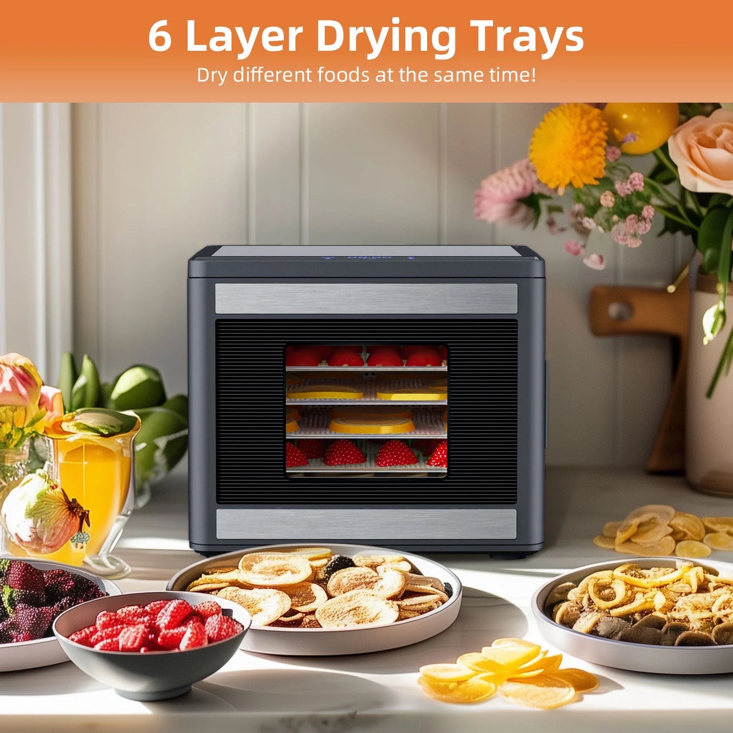 Food Dehydrator Machine with 6 Stainless Steel Trays, Best Timer Temperature Control Machine at Home for Jerky, Herbs, Dog Treats, Meat, Fruit, Dark Gray