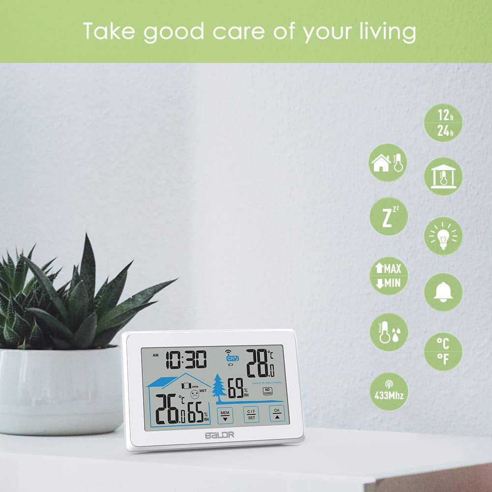 Wireless Indoor/Outdoor Thermometer & Hygrometer - Touch Screen Digital Weather Station with Room Temperature Monitor & Humidity Gauge Meter, Extended Backlit Display for Easy Viewing