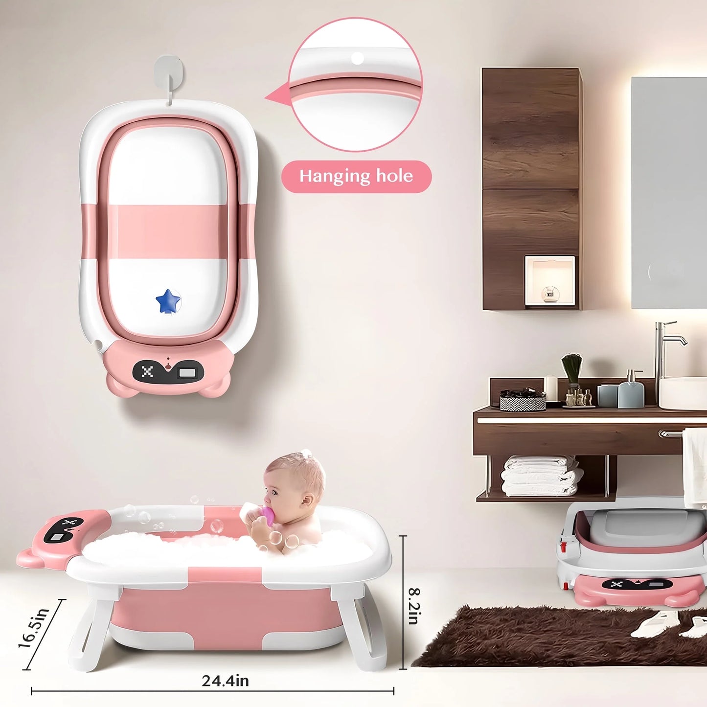 Collapsible Baby Bathtub for Newborn to Toddler 0-36 Months with Thermometer, Hooded Towel, Soft Cushion and Bath Toys, Portable Travel Baby Tub with Drain Hole, Pink