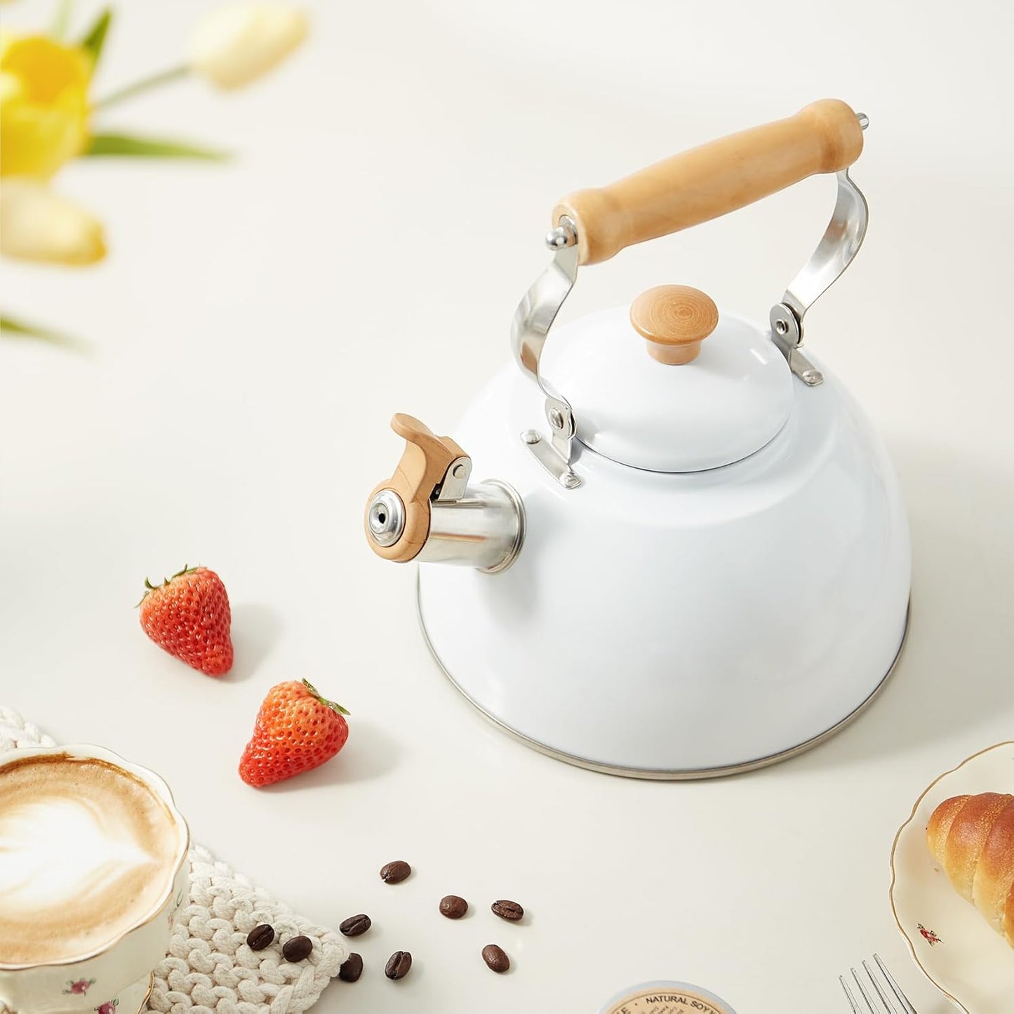 Tea Kettle, Tea Pot with Cool Touch Ergonomic Handle, Teapot Food Grade Stainless Steel, Tea Kettle Stovetop, Kettle Teapot, Whistling Tea Kettle, Small Tea Kettle, 1.6 Quart (White)