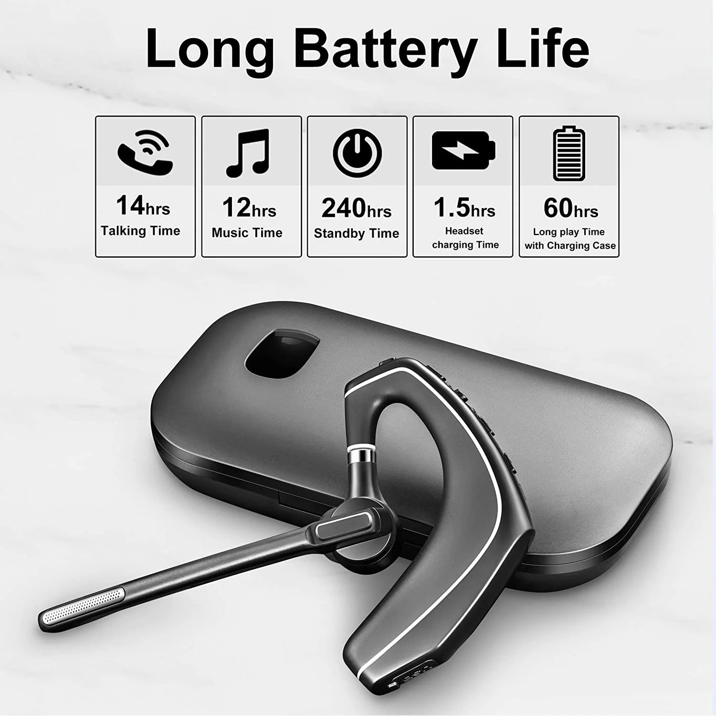 Bluetooth Headset V5.1, Wireless Headset with 500Mah Charging Case, Noise Canceling Mic for Driving and Office. (USB-A Adapter Included)