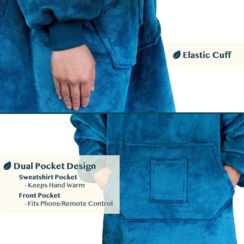 Sherpa Wearable Blanket Hoodie Women Men, Oversized Hoodie Sweatshirt Blanket, Thick Sweater Blanket Neck Warmer, Fleece Hood Hug Sleep Pod Adult, Cozy Warm Plush Gift Idea Mom Wife, Teal Blue