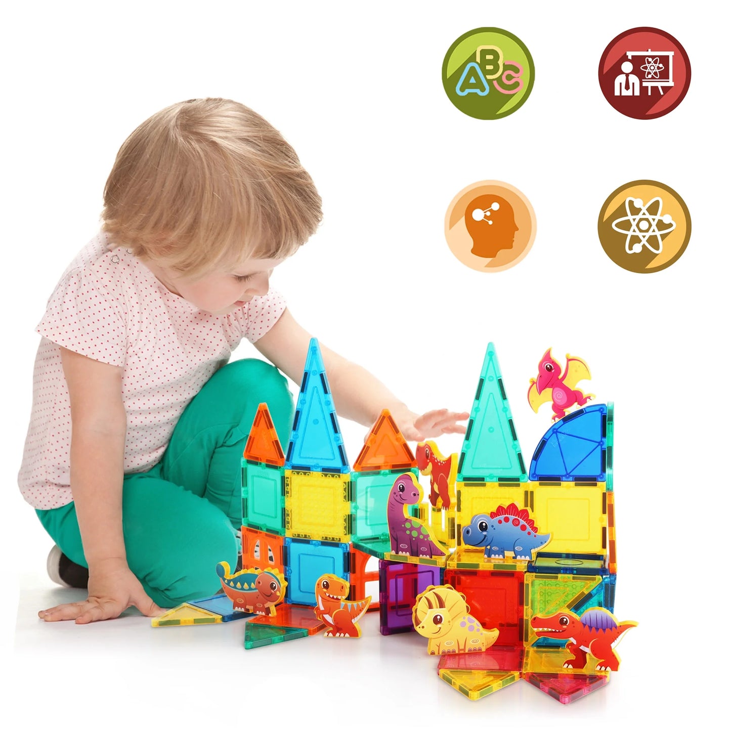 PICASSO-TILES Magnetic Tiles for Kids, Dinosaur Animal Theme Construction STEM Building Blocks Educational Toy, 8PCS