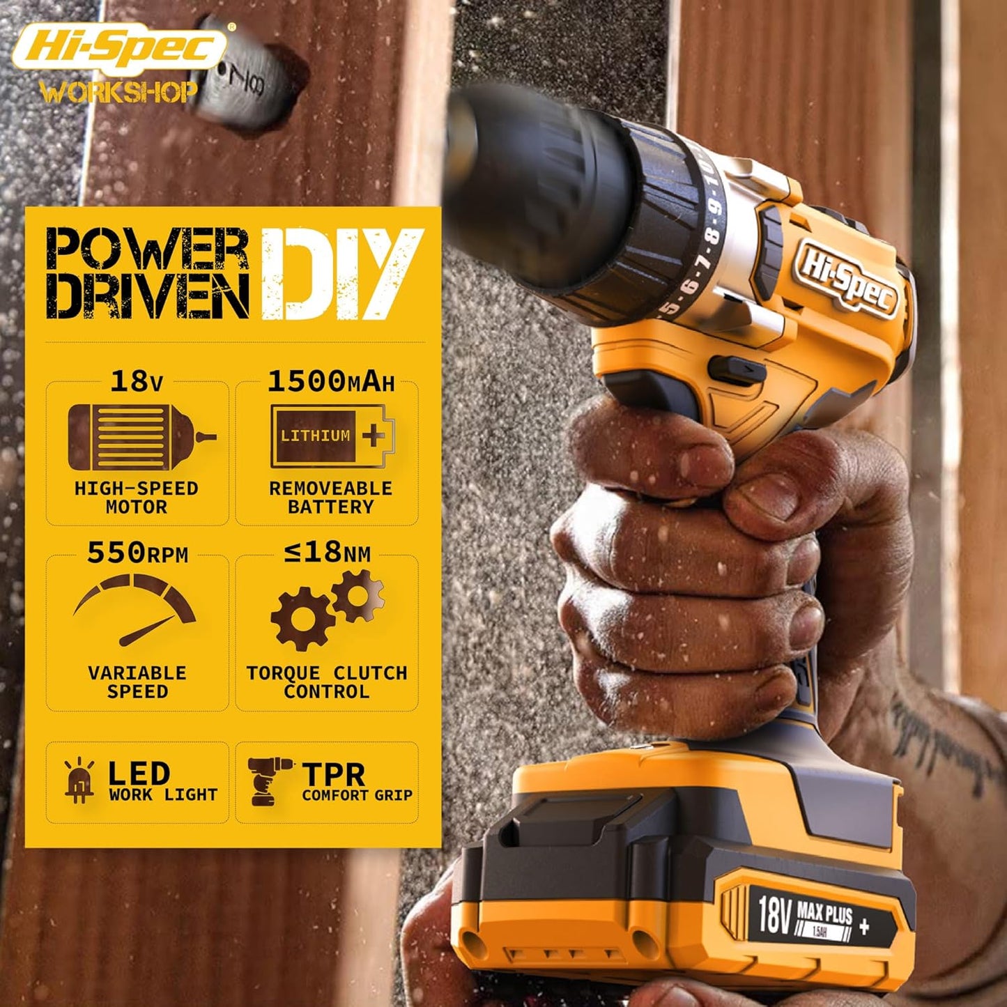 58Pc 18V Electric Cordless Power Drill Driver. Includes Rechargeable Battery, Power Screwdriver Bits, Wood, Metal, and Masonry Drill Bit Set Accessories. in a Compact Case