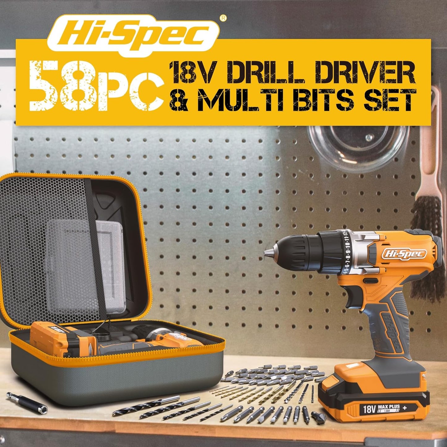 58Pc 18V Electric Cordless Power Drill Driver. Includes Rechargeable Battery, Power Screwdriver Bits, Wood, Metal, and Masonry Drill Bit Set Accessories. in a Compact Case