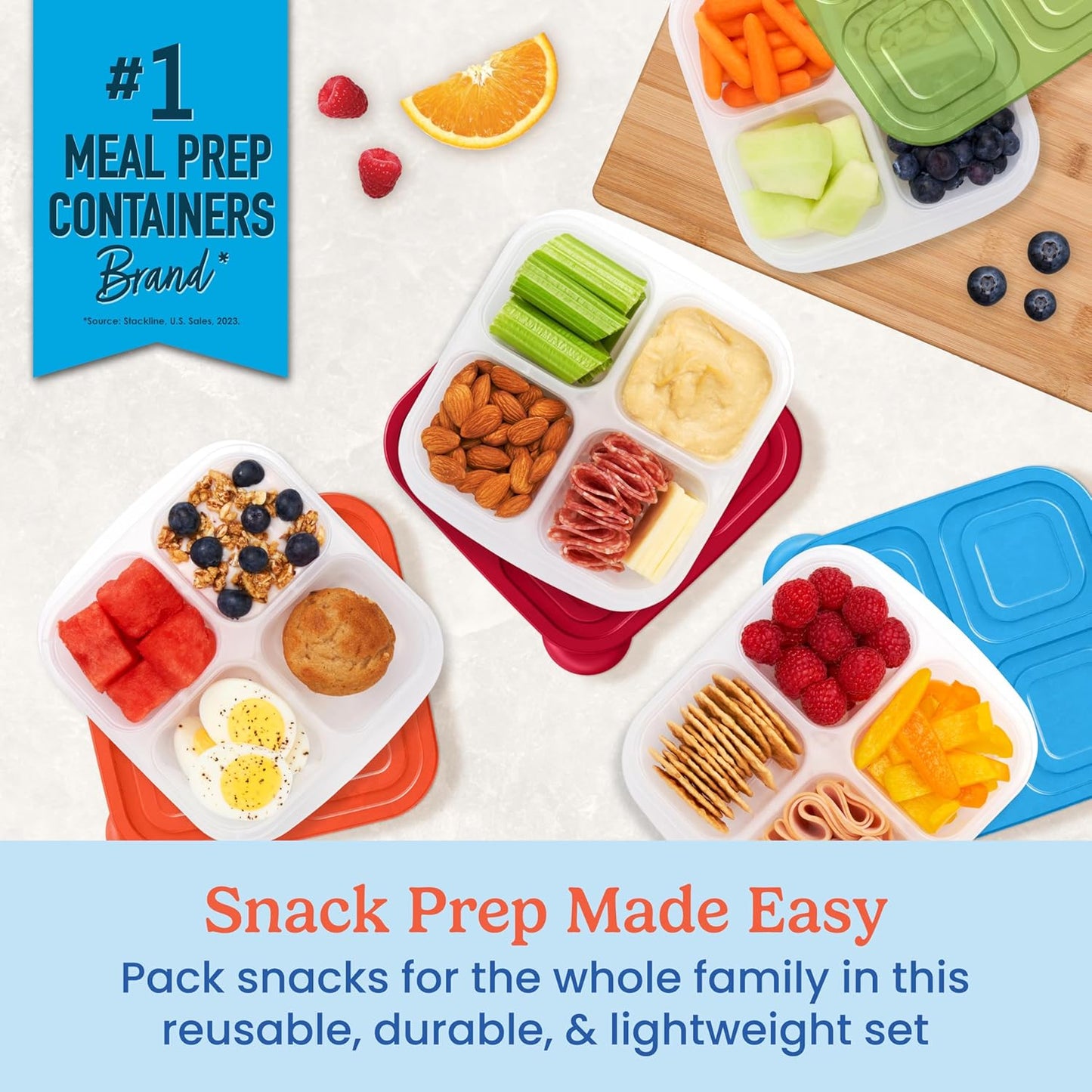 Easyboxes 4-Compartment Snack Containers - 8-Piece Set with 4 Trays & 4 Custom-Fit Lids to Seal in Freshness - Reusable Food Storage & Meal Prep Bento Bpa-Free Containers (Classic)