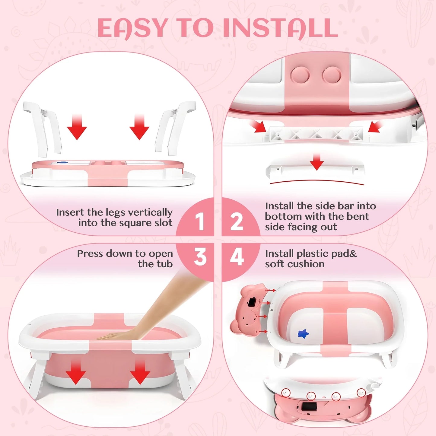 Collapsible Baby Bathtub for Newborn to Toddler 0-36 Months with Thermometer, Hooded Towel, Soft Cushion and Bath Toys, Portable Travel Baby Tub with Drain Hole, Pink