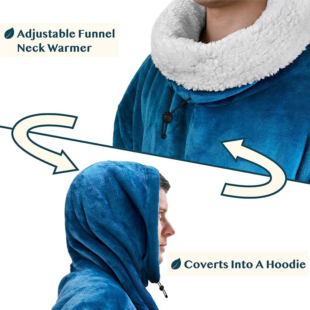 Sherpa Wearable Blanket Hoodie Women Men, Oversized Hoodie Sweatshirt Blanket, Thick Sweater Blanket Neck Warmer, Fleece Hood Hug Sleep Pod Adult, Cozy Warm Plush Gift Idea Mom Wife, Teal Blue