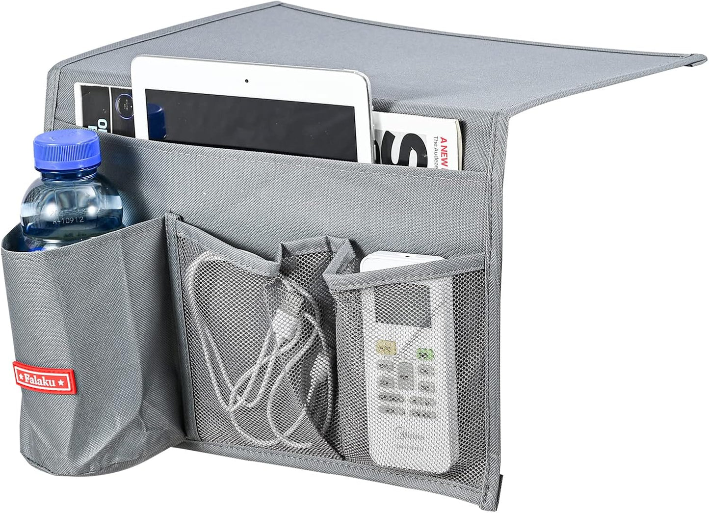 Bedside Caddy, 4 Pockets Bedside Organizer Caddy under Mattress,Holds Water Bottles,Magazines,Books (Classic 4 Pockets-Grey)