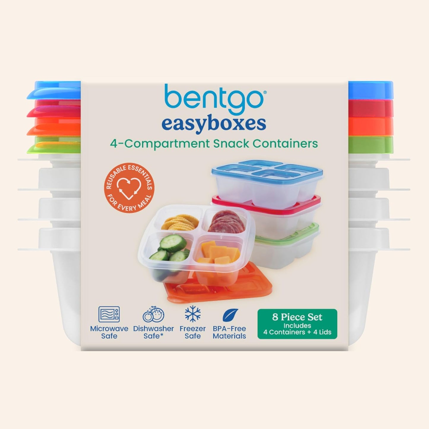 Easyboxes 4-Compartment Snack Containers - 8-Piece Set with 4 Trays & 4 Custom-Fit Lids to Seal in Freshness - Reusable Food Storage & Meal Prep Bento Bpa-Free Containers (Classic)