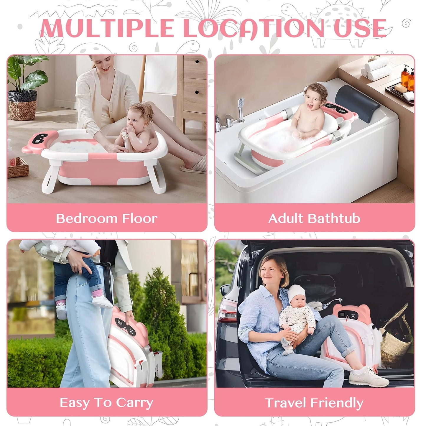 Collapsible Baby Bathtub for Newborn to Toddler 0-36 Months with Thermometer, Hooded Towel, Soft Cushion and Bath Toys, Portable Travel Baby Tub with Drain Hole, Pink